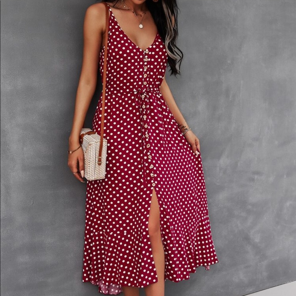 Boho Button Up V Neck Tie Polka Dot Dress BURGUNDY - Picture 2 of 10
